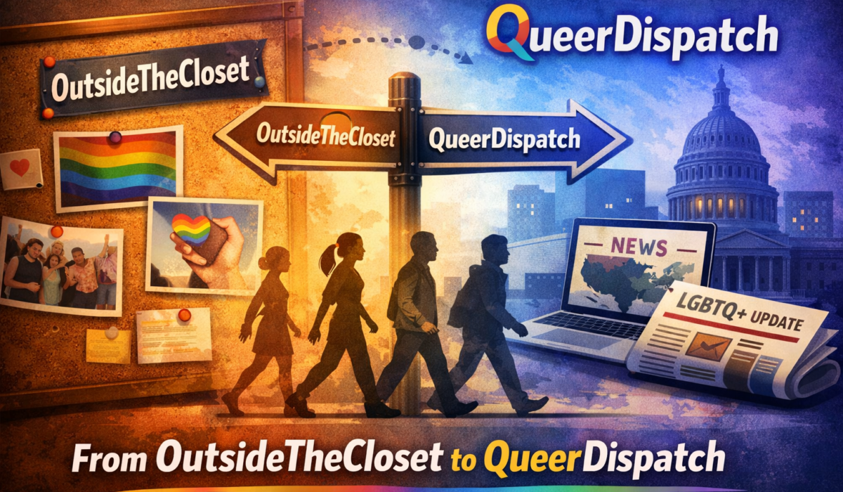 Illustration showing the transition from OutsideTheCloset to QueerDispatch, with a signpost guiding people from a community corkboard space toward a digital newsroom with LGBTQ+ news coverage.