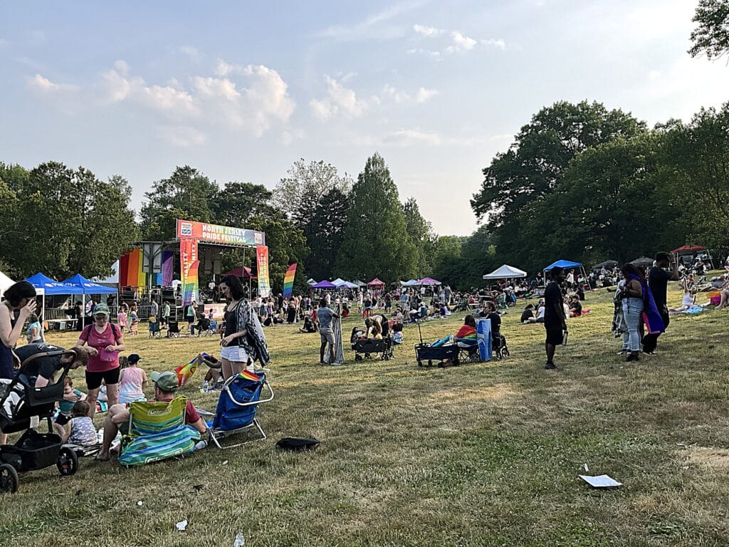 Crowd gathered on a grassy field watching a stage with rainbow banners during North Jersey Pride in Maplewood.